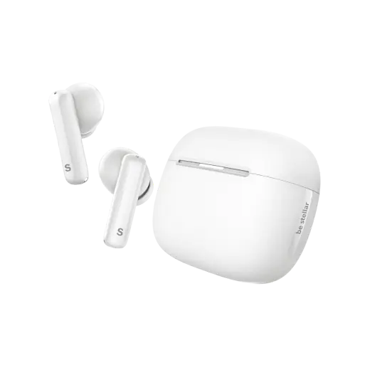 STELLAR FlyPods bone white earbuds floating beside the charging case