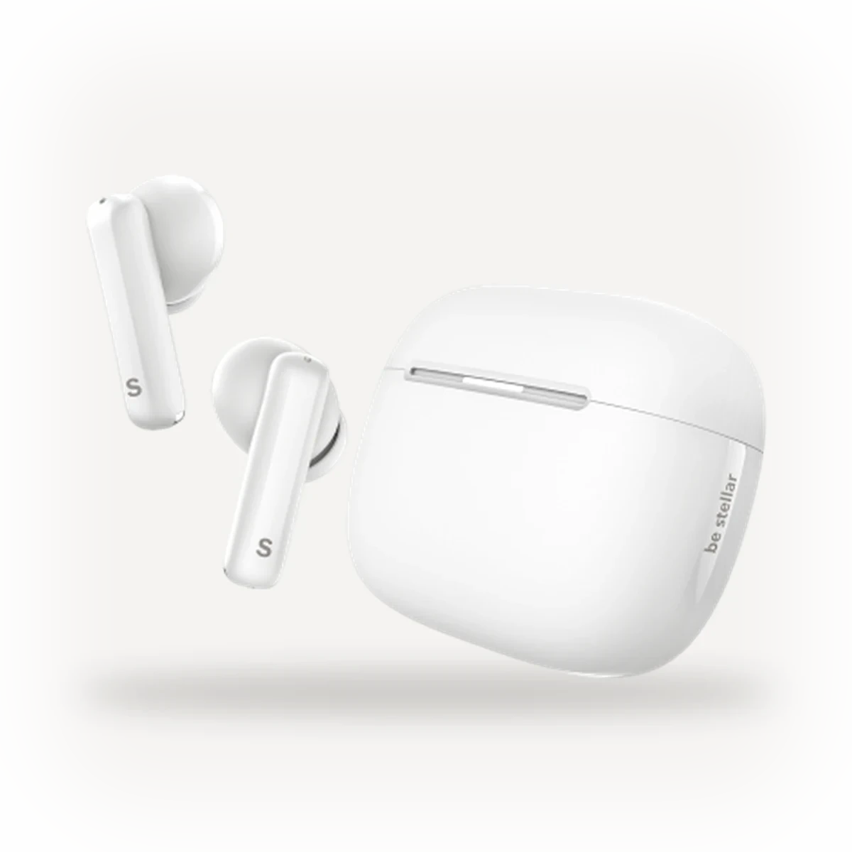 STELLAR FlyPods earbuds beside charging case